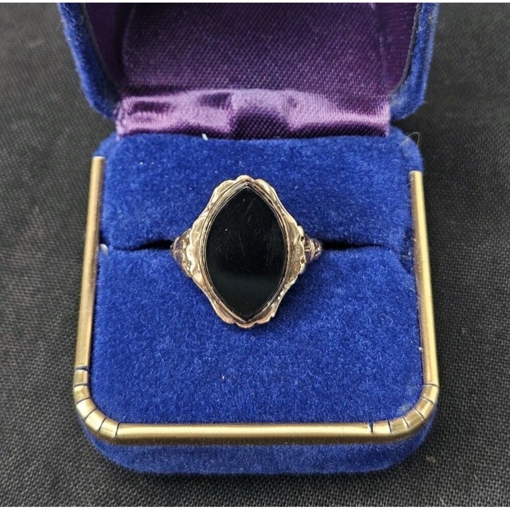 Antique 10K Yellow Gold Ring Art Deco Black Onyx Victorian Style Size 6.5